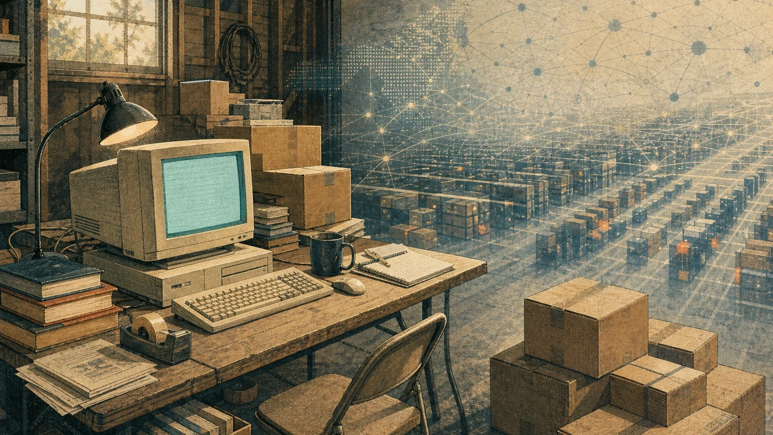 A modest 1990s worktable with cardboard boxes, books, and a desktop computer glow.
