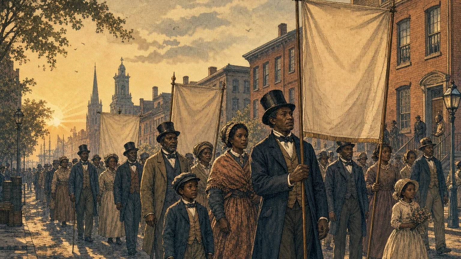 A dignified summer procession on an old New York street with blank banners and warm morning light.