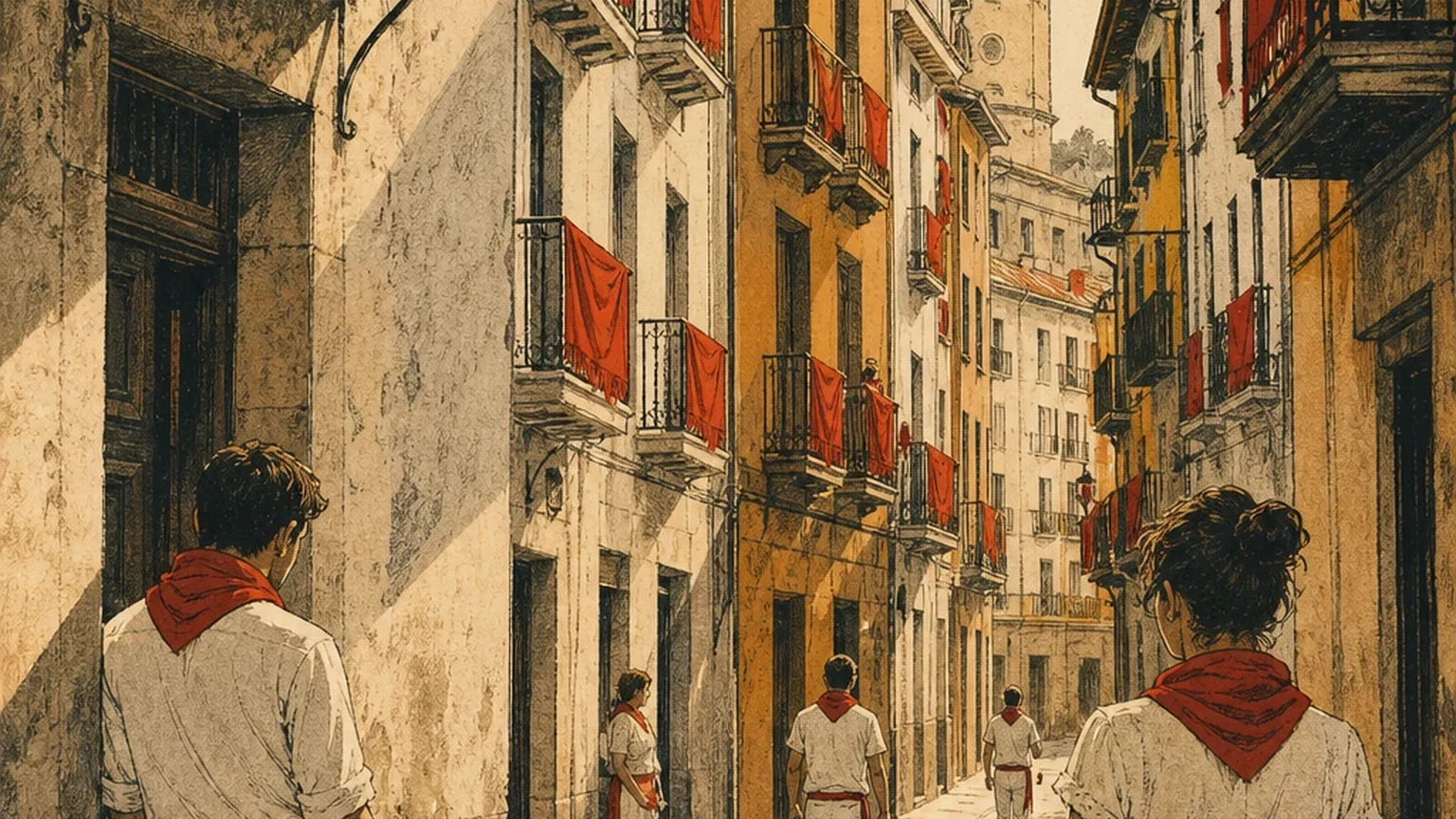 A Pamplona street in early summer with white clothing, red scarves, balconies, and morning shadows before crowds fill the route.