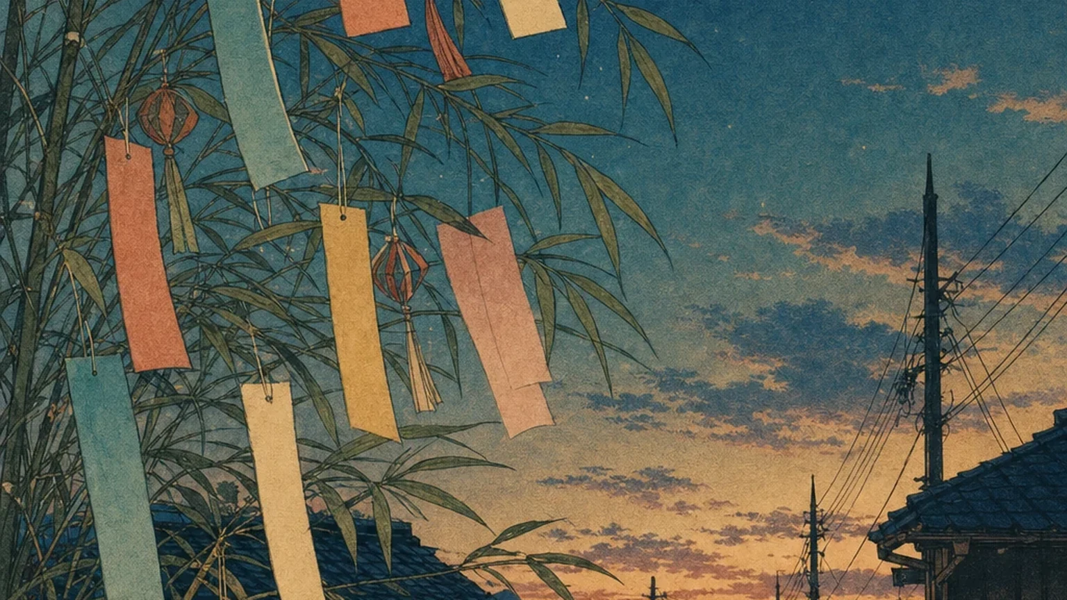 Bamboo branches with blank paper wishes in soft colors beneath a summer evening sky over a quiet Japanese street.