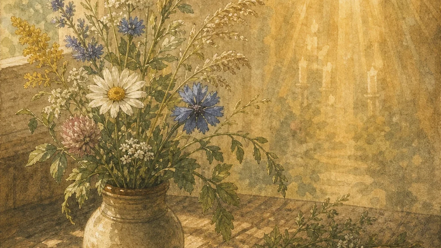 A quiet summer table with wildflowers, woven ribbons, and a soft icon-like glow near a window.