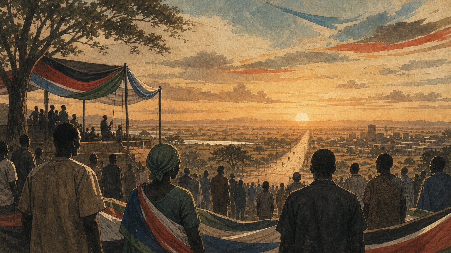 Dawn light over a civic gathering place and an open road, with abstract cloth colors and no readable emblems.