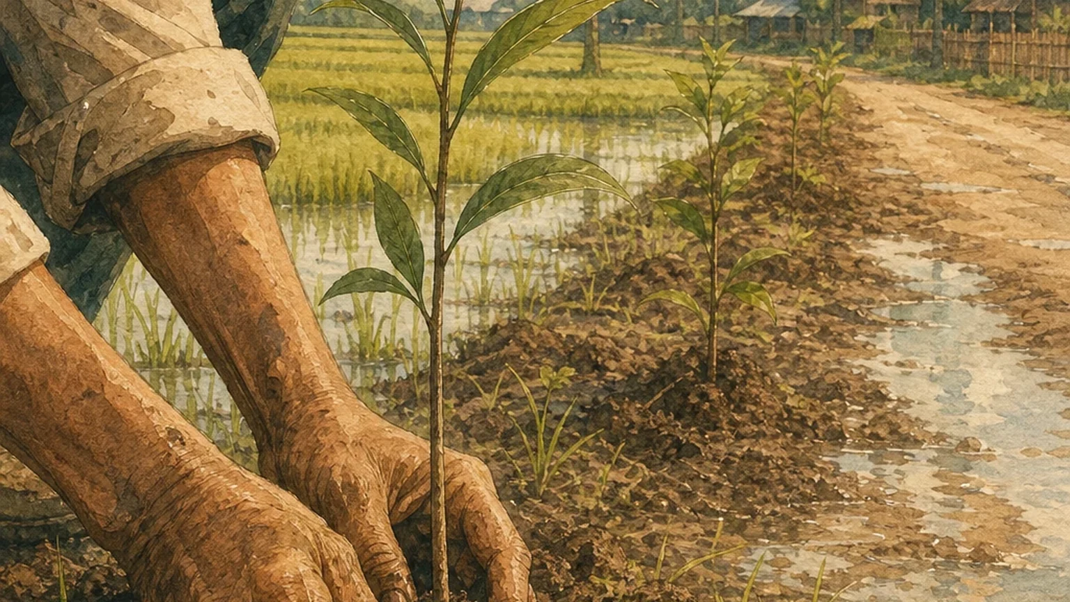 Young trees being planted beside a rural road in warm rainy-season light, with hands, soil, and seedlings in the foreground.