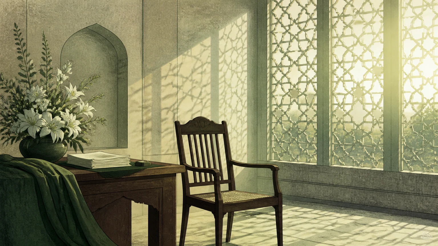 An illustrated empty wooden chair stands beside white flowers and papers in a sunlit room with patterned windows.