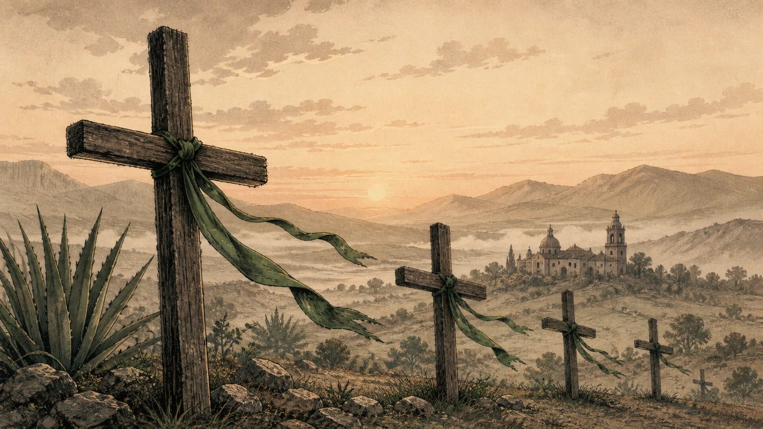 An illustrated row of wooden crosses tied with green ribbons lines a hillside, with a church and mountains in the distance.
