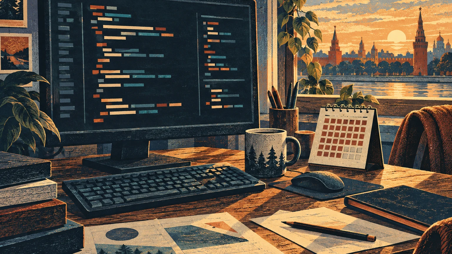 An illustrated programmer’s desk with an abstract terminal glow and an unnumbered calendar grid.