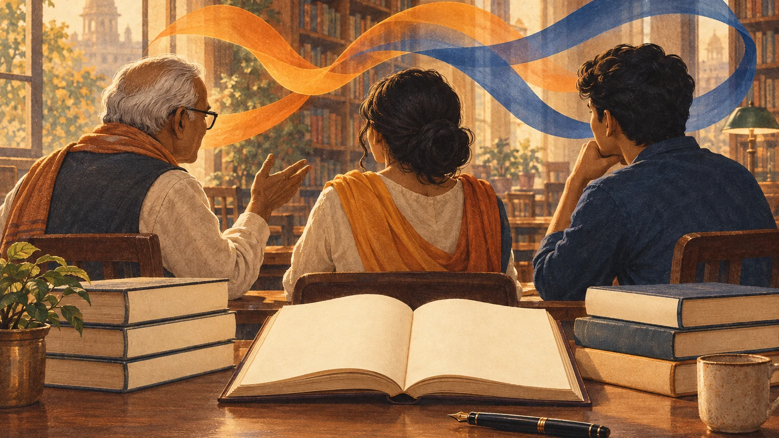 An illustrated multigenerational reading table with blank books, a fountain pen, and abstract ribbons of saffron and indigo light.