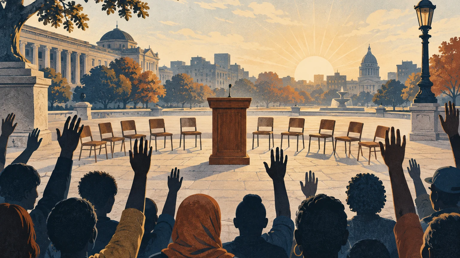 An illustrated civic square with an empty lectern, rows of ordinary chairs, and raised hands in morning light.