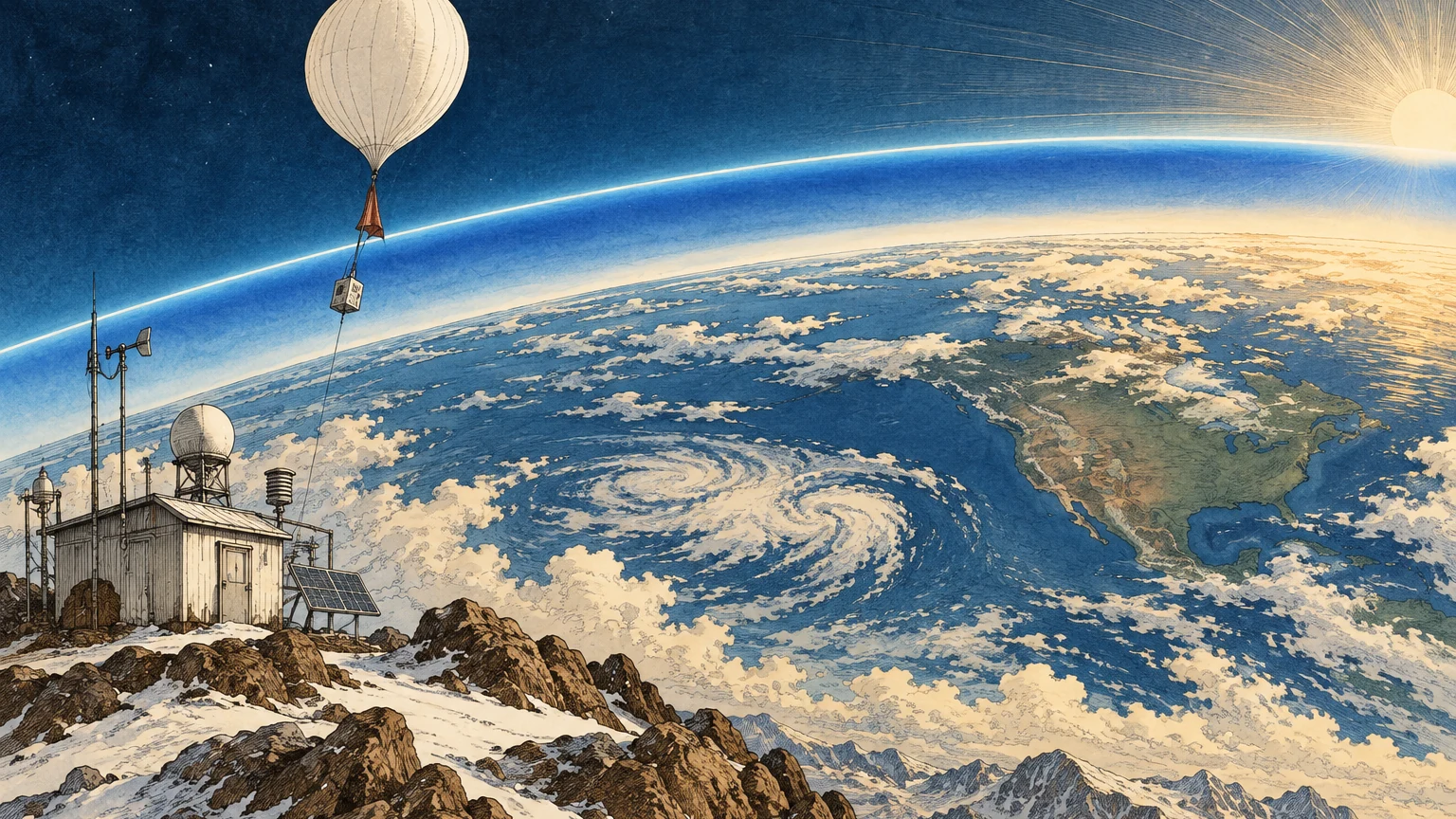 An illustrated blue atmospheric arc over Earth with sunlight, a weather balloon, and a small monitoring station.