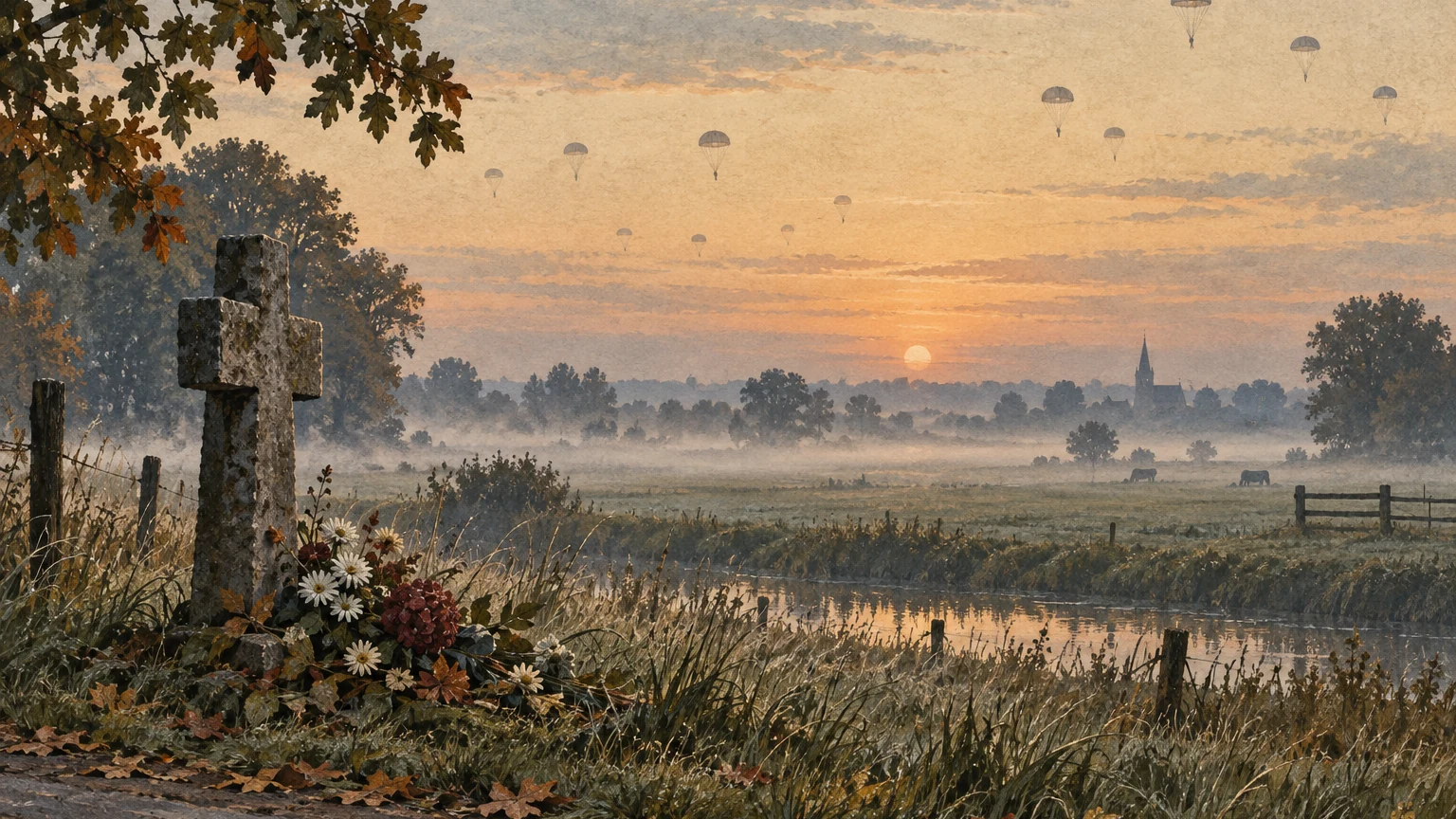 An illustrated Dutch meadow at autumn dawn with distant parachutes, flowers, and a simple roadside memorial.