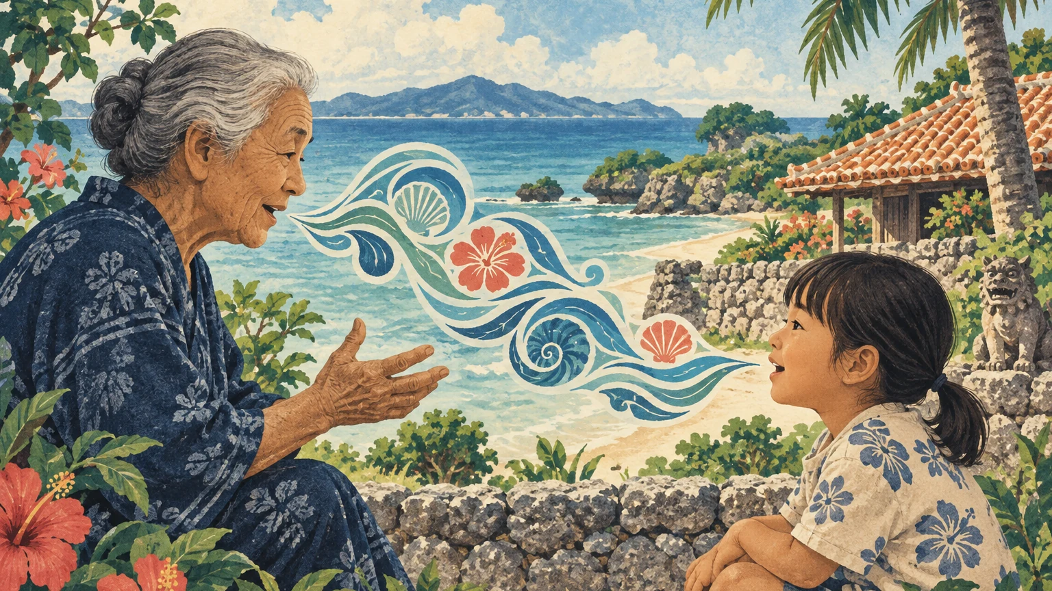 An illustrated Okinawan shoreline where elders and children exchange abstract wave-like speech forms beside a red-tile roof.