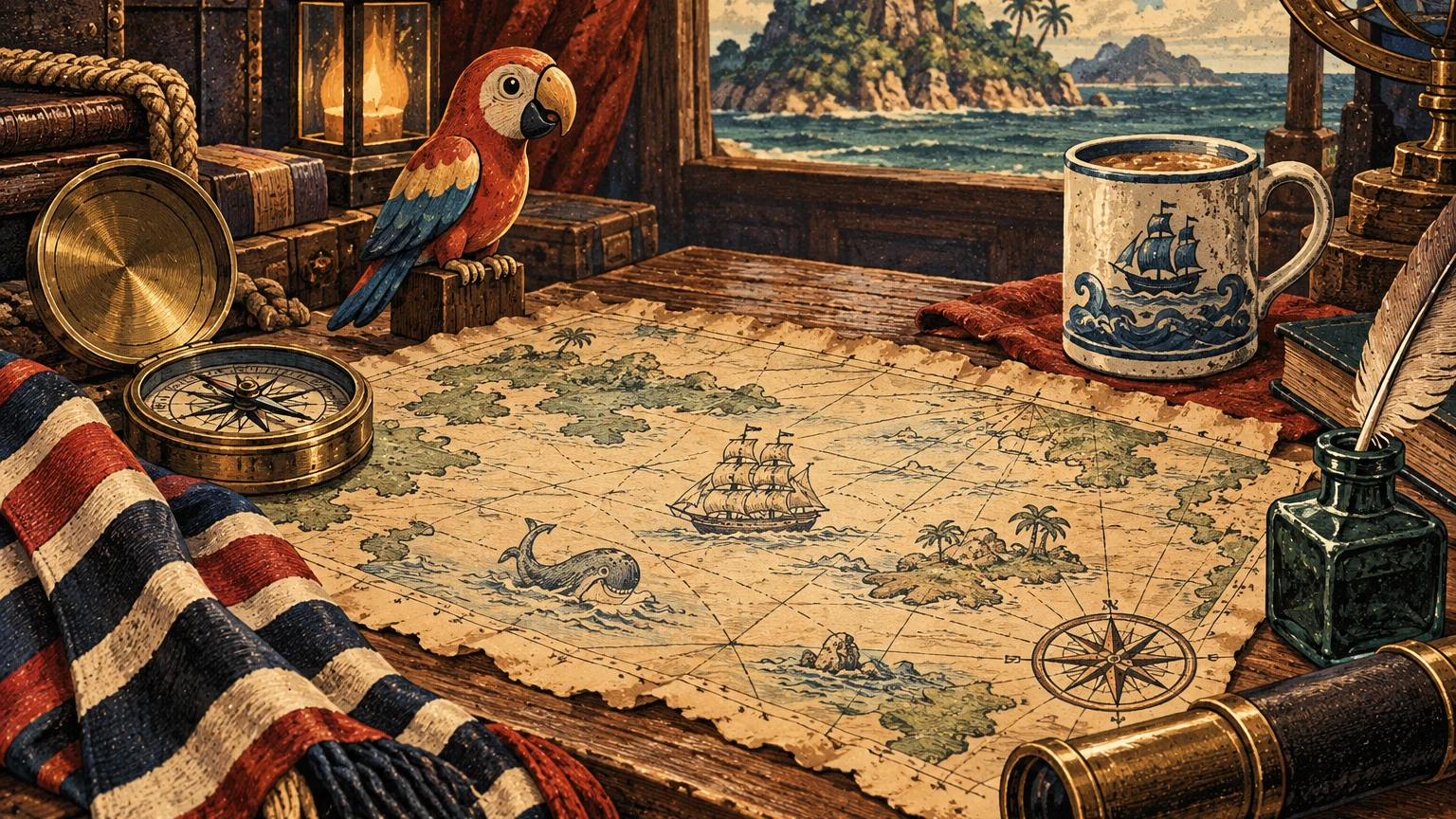 An illustrated theatrical still life with a weathered sea chart, brass compass, striped scarf, wooden toy parrot, and mug.