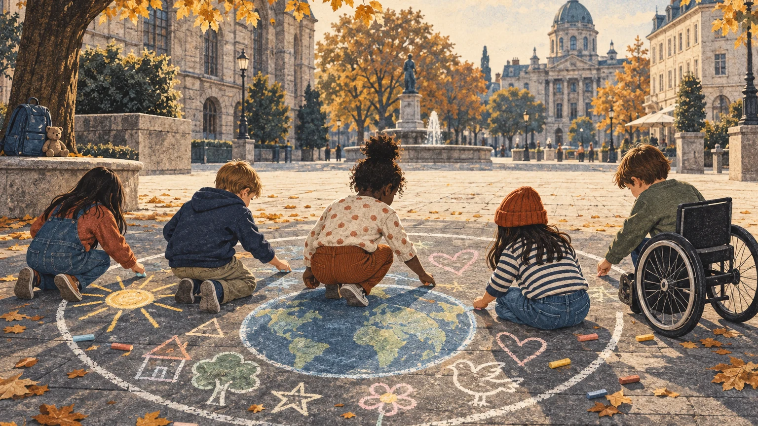 An illustrated German town square where children display colorful drawings and speak into a small microphone as families gather nearby.