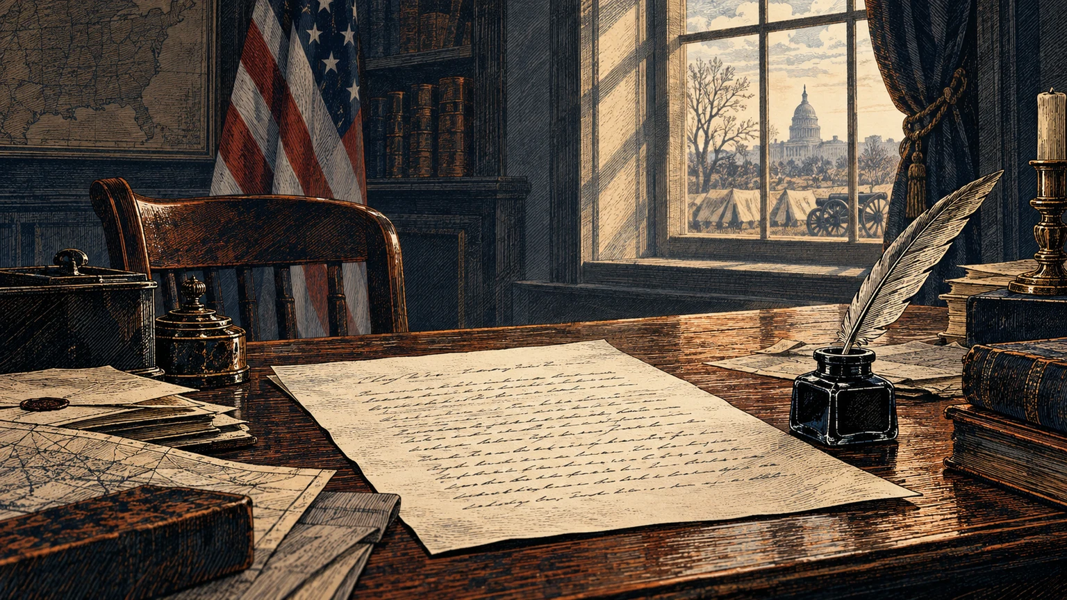 Historical editorial illustration of proclamation pages on an 1862 writing desk beside an inkwell and a map of the divided United States.