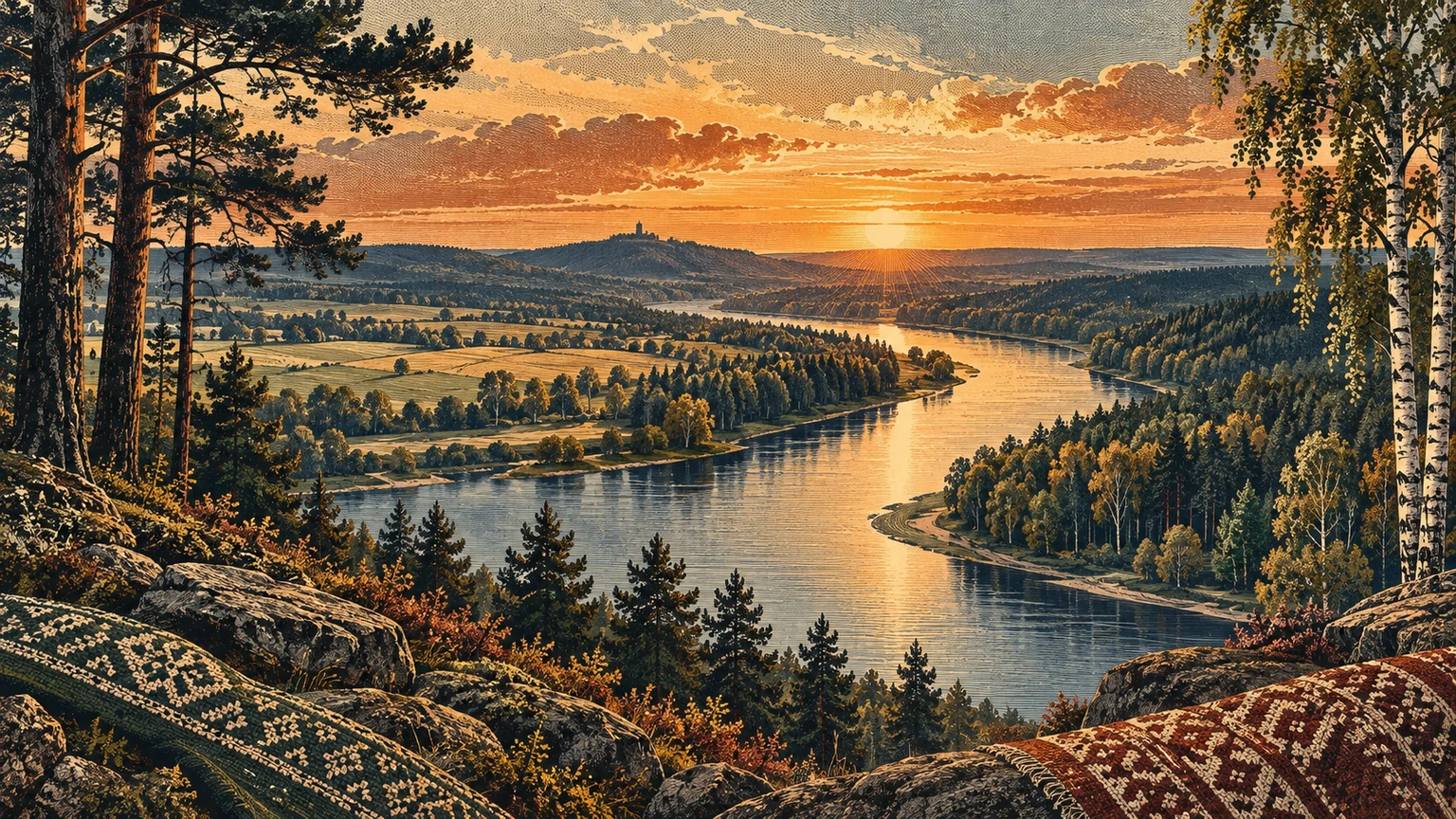 Landscape illustration of two Baltic neighbors connected by amber light across a forest and river, with a subtle historic hill silhouette in the distance.
