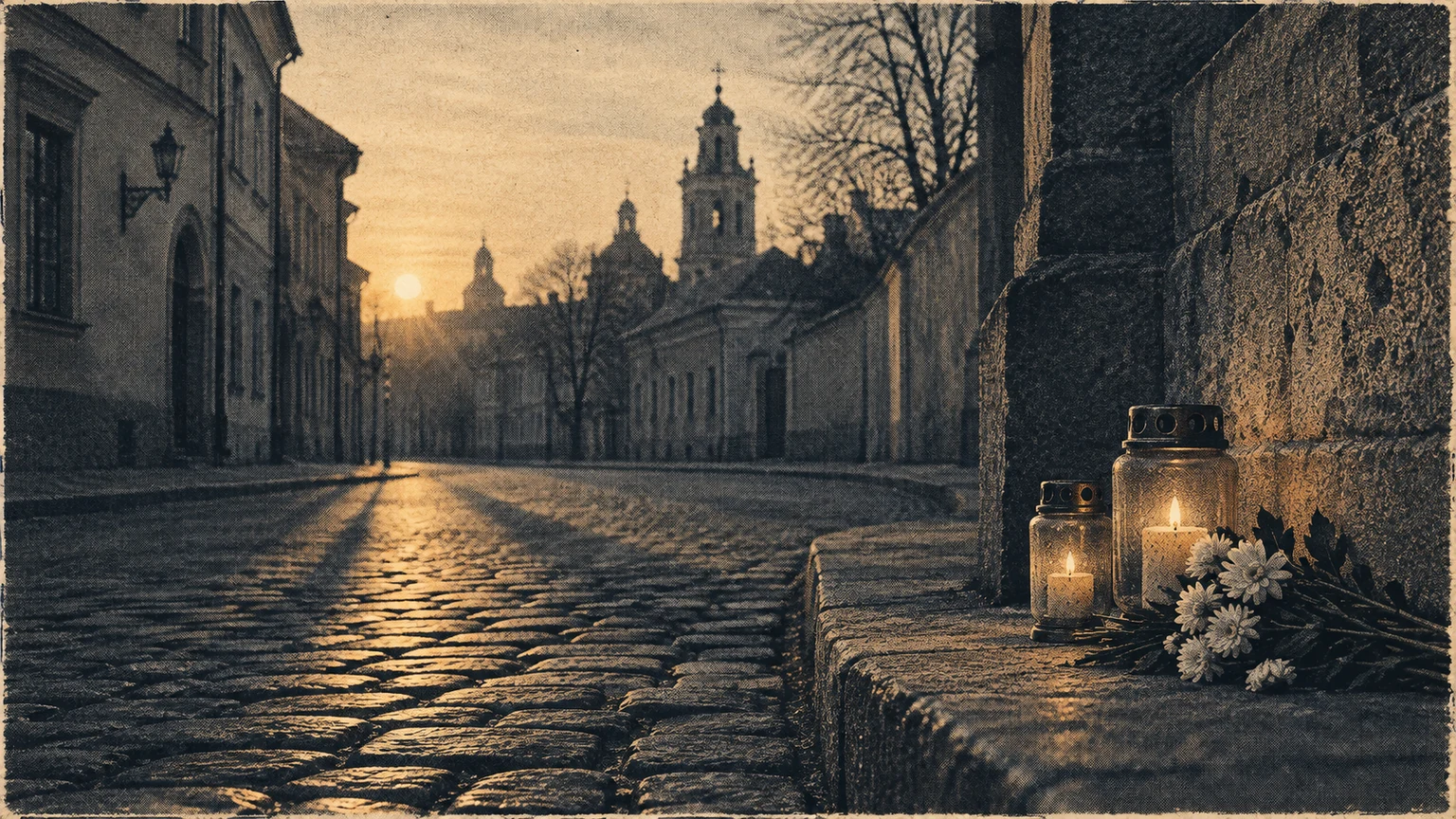 A restrained memorial scene in Lithuania with candles, small stones, and late-September light.