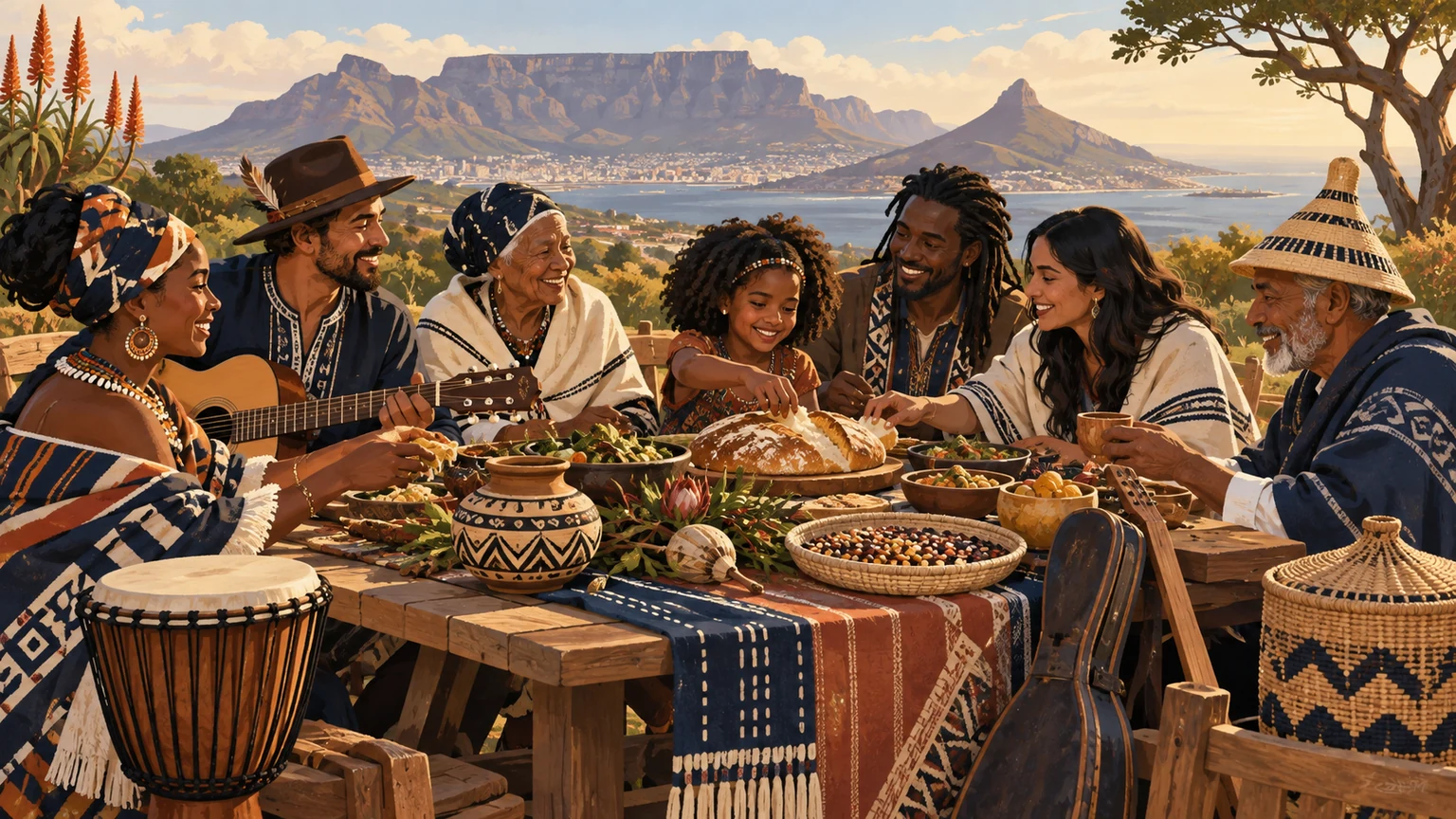 An illustrated outdoor South African gathering with people in varied dress around a shared table, with music and craftwork nearby.