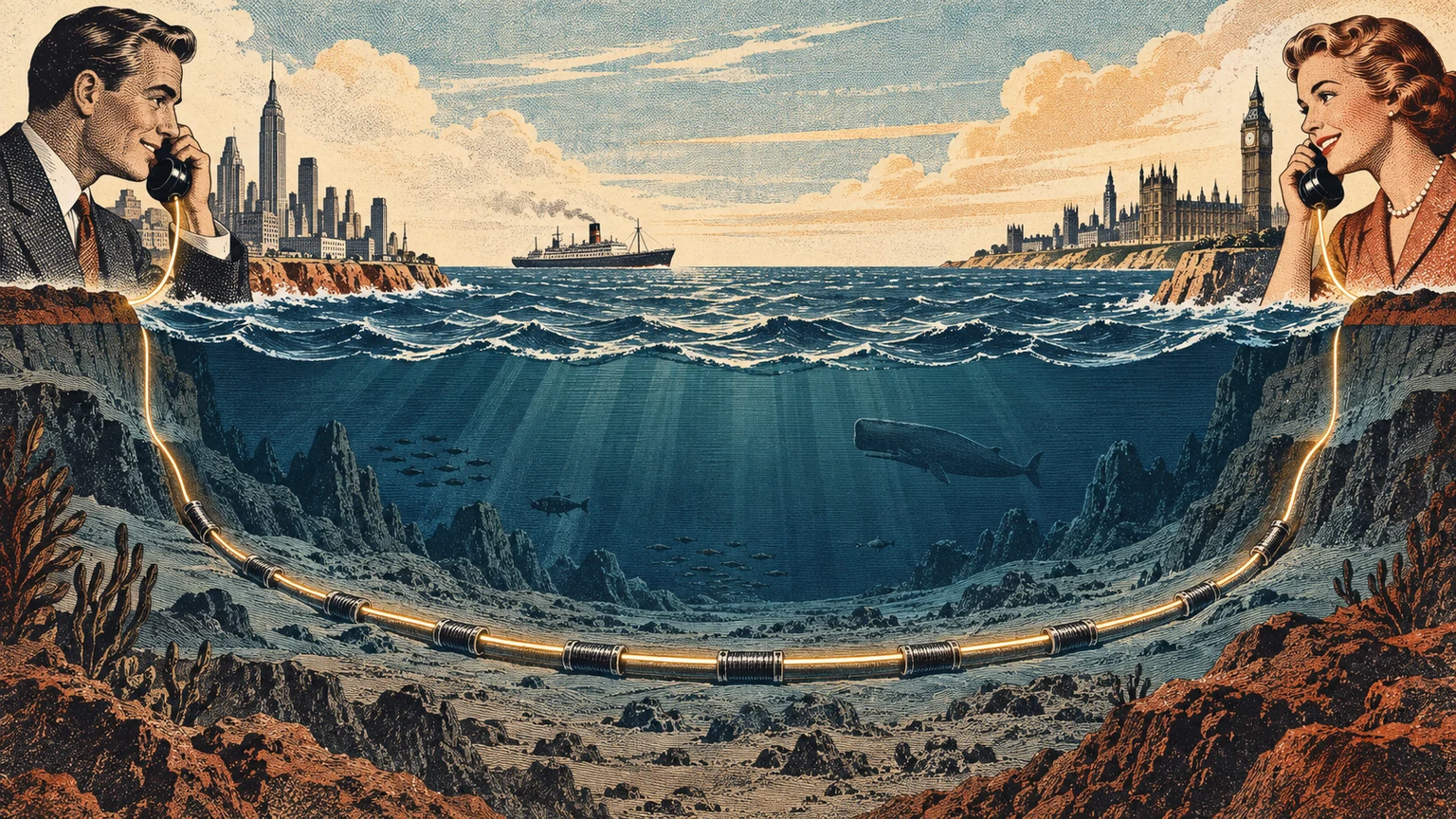 An illustrated cutaway of a mid-century communications cable descending from a cable ship into the deep Atlantic.