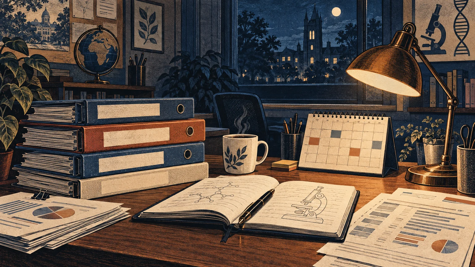 An illustrated research office with grant folders, budget sheets, a laboratory notebook, and a microscope visible beyond an open doorway.