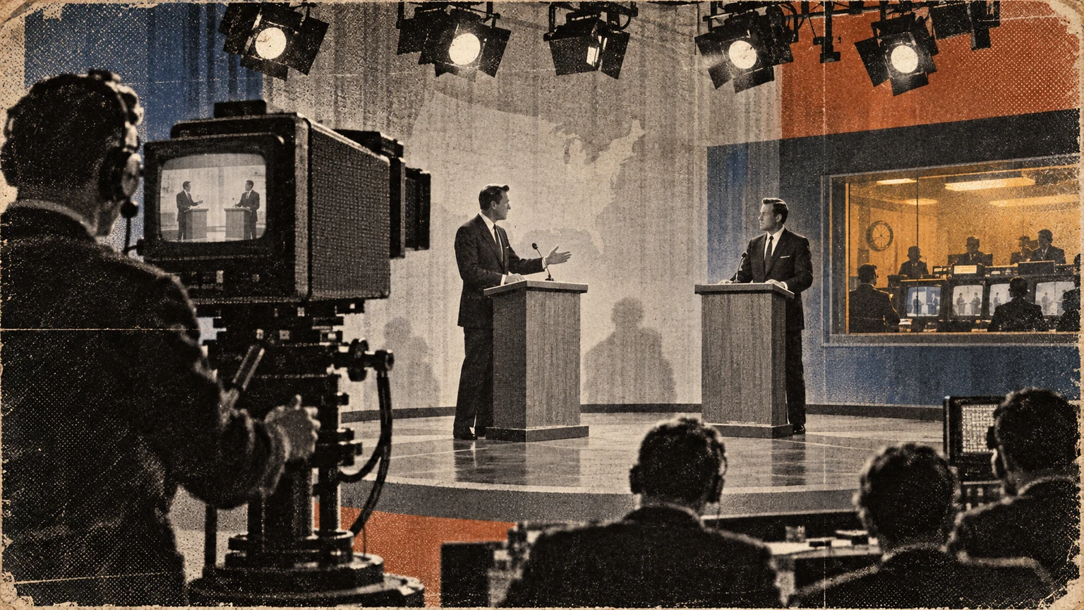 An editorial illustration of a mid-century television camera facing two lecterns beneath bright studio lights.