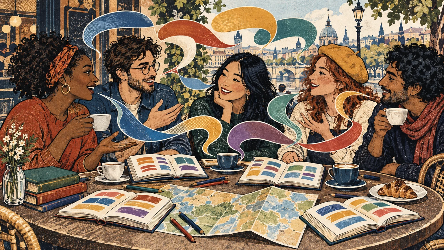 An editorial illustration of overlapping colorful speech ribbons above an open notebook and a map of Europe.