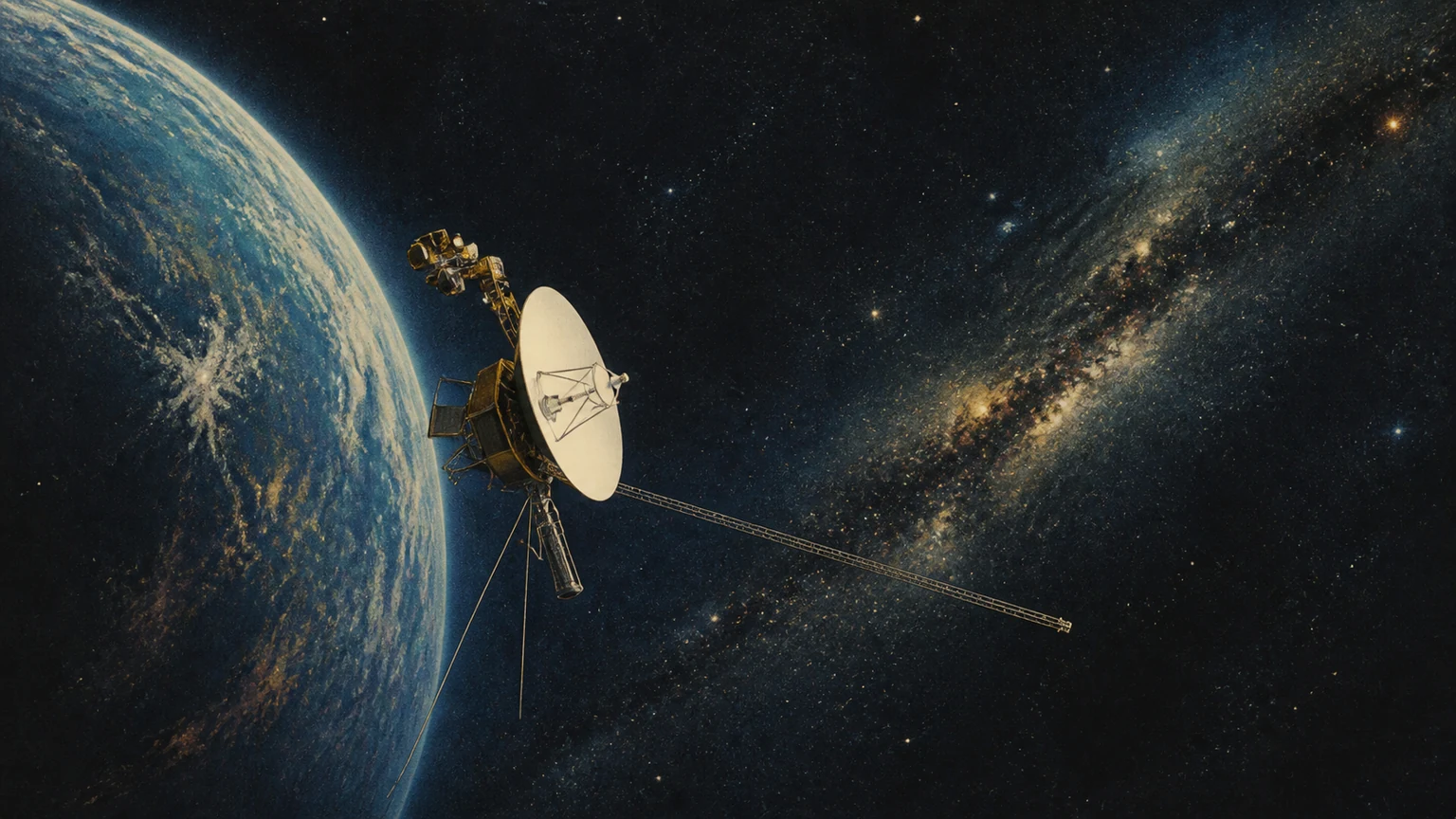 A 1970s deep-space probe with a large dish antenna passing beyond a blue planet into a dark field of stars, in vintage science art.