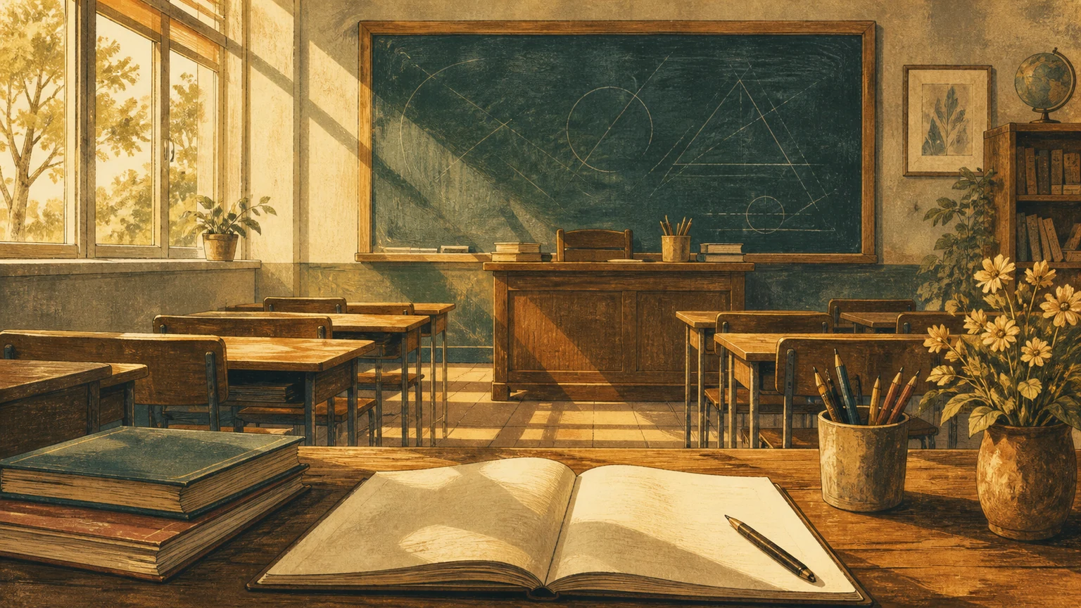 A sunlit classroom with an open notebook, chalkboard, and teacher’s desk, rendered in warm vintage editorial colors without visible text.