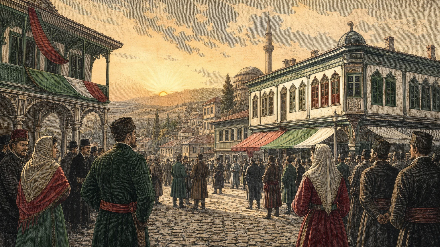 An illustrated crowd gathers in a Plovdiv square at sunset, surrounded by Ottoman-era buildings decorated with red, green, and white cloth.